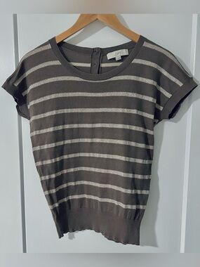 Striped Taupe & Silver Cotton Blend Knit Short Sleeve Lightweight Sweater (EUC)